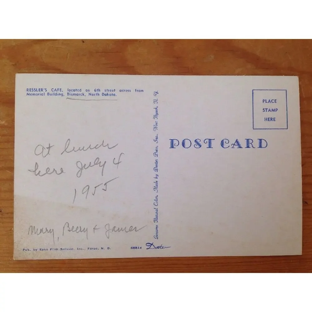 1955 Vintage Art Deco Style Resslers Cafe Diner Bismark ND Unposted Postcard